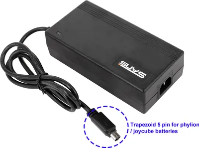 A black power adapter with a cord and connector.