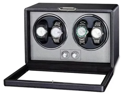 Immagine prodotto di INF Caricatore per orologi automatici - Doppio supporto a quattro teste, Finto cuoio, Alimentazione USB-C, Luce LED, 5 modalità di rotazione Nero