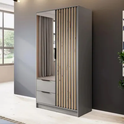 Produktbild von Kleiderschrank Stilo Grau Matt mit Spiegel & Lamellen – 105 cm, 2 Türen, 2 Schubladen, Universell