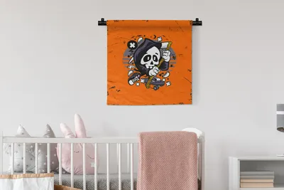 Produktbild von MuchoWow® Wandteppich Wandbehang Jahrgang - Skelett - Skateboard 60x60 cm Tapisserie Dekoration Wandtuch - Dekorationen - Wand Decke