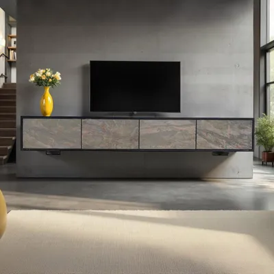 Produktbild von riess-ambiente Massivholz TV-Lowboard MOUNTAIN SOUL 200cm Akazie grün bronze hängend Naturstein schwarz