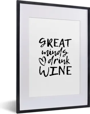 Produktbild von MuchoWow® MuchoWow® Gerahmtes Poster Weinzitat "Große Geister trinken Wein" mit Herz 30x40 cm - Poster mit zchwarzem Bilderrahmen - Wandposter Schlafzimmer