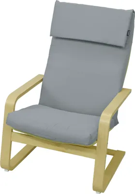 A gray upholstered chair with a light brown wooden frame, shown against a white background.