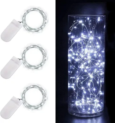 Obrázek produktu pro Řetěz LED diod s napájením na baterie - Sada 3 kusů - Délka 2 metry - 20 LED diod - Měděný drát - Pro vnitřní použití - Bílá barva - Napájení na baterie