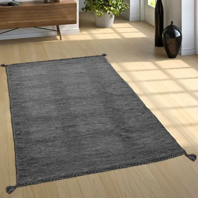 Produktbild von Wohnzimmer Natur Teppich m. Fransen, Moderner Handgewebter Kelim, 100% Baumwolle Grösse 80x150 cm
