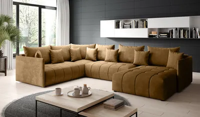 Produktbild von FurMeb - U ASPEN BIS Ecksofa 350 cm x 227 cm - Sofa mit Schlaffunktion und Bettzeugablage - Wohnzimmersofa - Samtecksofa  Senfgelb