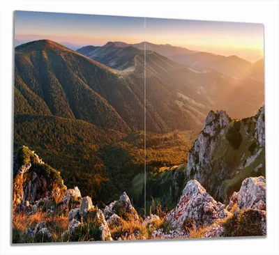 Produktbild von Wallario Herdabdeckplatte aus Glas, Größe 60 x 52 cm 2-teilig, Motiv Berglandschaft mit Sonnenuntergang in der Slowakei