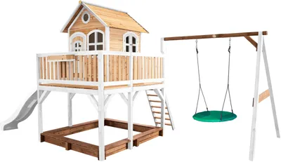 Produktbild von AXI Spielhaus Liam mit Sandkasten, Nestschaukel & weißer Rutsche | Stelzenhaus XXL in Braun & Weiß aus Holz für Kinder | Spielturm mit Wellenrutsche & Schaukel für den Garten