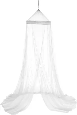 A white mosquito net hanging from a single point, with its fabric draped down.