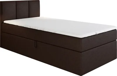 A single dark brown boxspring bed with a white mattress topper is shown against a white background.