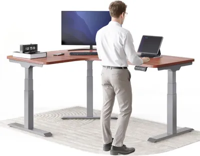 Produktbild von DESKSPACE CORNER Schreibtisch, Elektrisch höhenverstellbar, 160 x 130 x 70 cm, Mahagoni Tischplatte, Graues Gestell