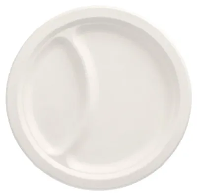 Produktbild von Papstar Einweg Teller weiss aus Zuckerrohr 23 cm 2 geteilt 50 Stück
