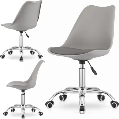 A collage of three views of a gray office chair with a silver base and wheels.