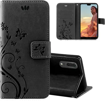 Produktbild von Handytasche für Huawei P20 Blumen Flip Cover Buchhülle mit Magnetverschluss, Schwarz