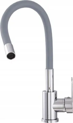 A close-up studio shot of a kitchen faucet with a flexible gray hose and a chrome base.