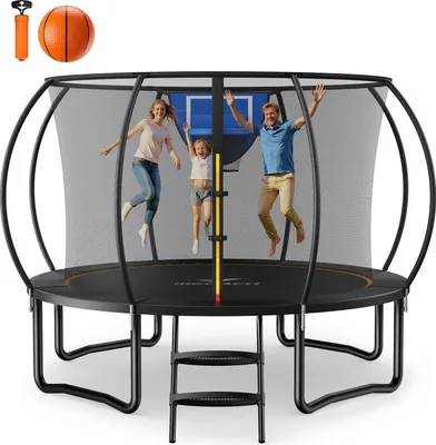 Produktbild von Gartentrampolin Trampolin Ø305, Kindertrampolin, Trampolin Outdoor mit Sicherheitsnetz, Anti-Rutsch-Leiter, Sprungtuch, Basketball-Set, Gewicht 150 kg