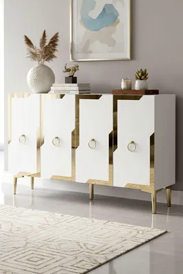 Produktbild von Skye Decor, Hochwertiger Konsolentisch, 120 cm, Weiß & Gold, 100% Melamin | 3-teilig