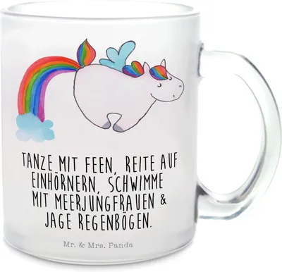 Produktbild von Mr. & Mrs. Panda Teetasse Glas Einhorn Fliegendes Pferd - Transparent - Geschenk, Trinkglas, Motivtasse, Unicorn, Regenbogen, Haferl, Glitzer, Tee Tasse, Pott, Realität