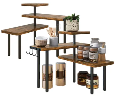 Image de Organisateur de cuisine à 3 niveaux avec étagère d'angle et 4 crochets, couleur marron rustique