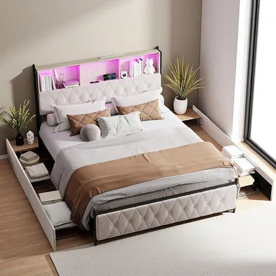 Obrázok produktu pre Postel s čalúneným čelom, dvojlôžko, 140x200 cm, s LED osvetlením – čelo s USB portami a úložným priestorom, postel s úložným priestorom a 4 zásuvkami, posteľ pre mládež, funkčná posteľ s opierkou, materiál: zamat, farba: béžová, bez matraca