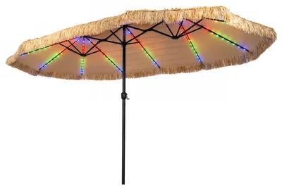 Produktbild von KOMFOTTEU Hawaii Sonnenschirm mit Lichtern, Ø 450 cm Reisstroh Strandschirm mit 12 Metallrippen, Strohschirm mit Kurbel & Sonnenschutz, Gartenschirm tragbar, Terrassenschirm für Garten, Strand, Braun