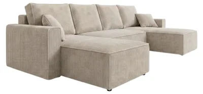 Produktbild von AMBER U Ecksofa U-Form 305x140 cm Cord Schlafsofa Bettkasten Wohnlandschaft links rechts Kaltes Beige PetFriendly