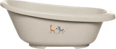 A baby bathtub with cartoon animals on the side.