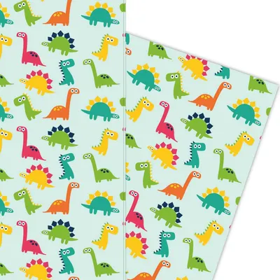 Produktbild von Lustiges Comic Dinosaurier Kinder Geschenkpapier auf hellblau - G5856, 32 x 48cm