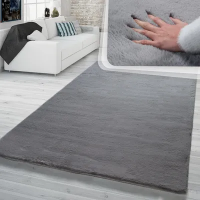 Produktbild von TT Home Hochflor Teppich Schlafzimmer Shaggy Kunstfell Flauschig Kaninchenfell Imitat In Dunkelgrau Größe 120x160 cm