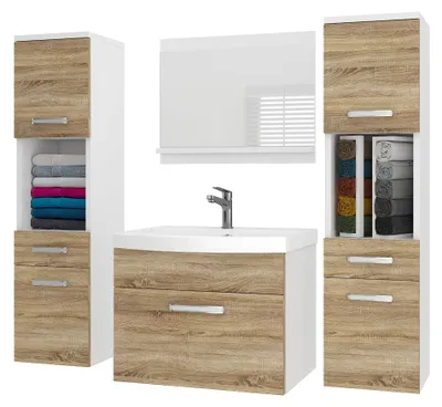 Immagine prodotto di Set di mobili da bagno BELINI PRI M6 120 cm in rovere Sonoma opaco - Mobile da bagno moderno con lavabo e specchio, completamente accessoriato, montaggio a parete