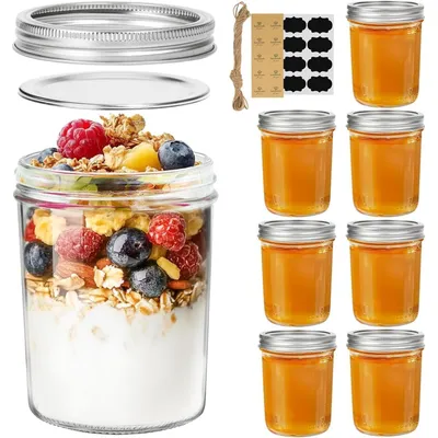 Zdjęcie produktu dla Zestaw 8 słoików z zakrętkami, pojemność 470 ml, przezroczyste szkło, idealne do dżemów, galaretek i przypraw