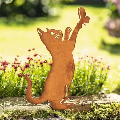 Produktbild von Gartenstecker "Katze" aus Metall mit Rost Finish, 48 cm hoch, Dekostecker wetterfest, Outdoor Gartendeko, Roststecker
