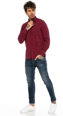 Produktbild von Red Bridge Herren Hemd Casual Plaid Shirts Modern Fit Langarm Kariert Rot-Navyblau M