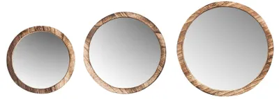 Productafbeelding van Set van 3 decoratieve ronde wandspiegels, hout, natuurlijke bruine kleur