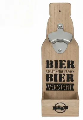 Produktbild von Wandflaschenöffner aus Holz - Mit Auffangbehälter aus Metall - Zur Wandmontage - 30 x 10 cm