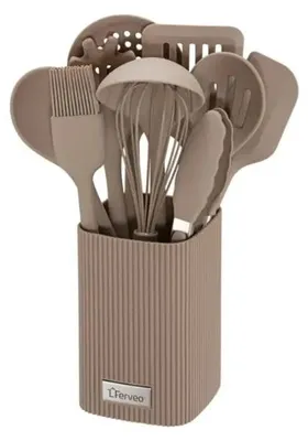 Image de FERVEO TAYLA set d’ustensiles de cuisine 11 pièces en plastique et silicone marron