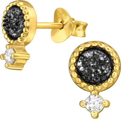 Produktbild von Ohrringe Ohrstecker 925 Sterling Silber vergoldet mit Zirkoniasteinen und Druse in verschiedenen Farben Farbe - Gold-Schwarz