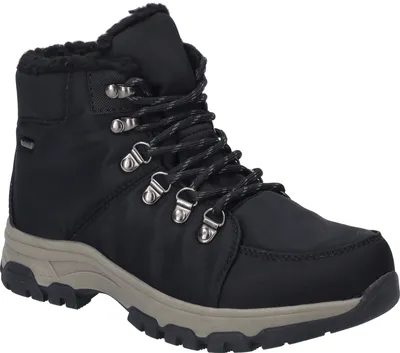 A single black winter boot is shown from a three-quarter angle against a white background.