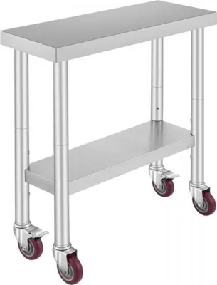 Produktbild von Edelstahl Arbeitstisch mit Rollen – 76 x 30 x 86 cm – Verstellbare Ablage – Beweglicher Beistelltisch – Küchentisch für Gastronomie