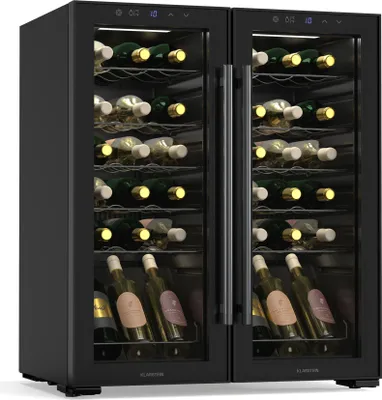 A dual-zone wine cooler with glass doors, filled with wine bottles.