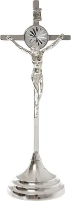 Image de Croix sur pied en argent, simple, 22 cm, métal, avec couronne de rayons décorative