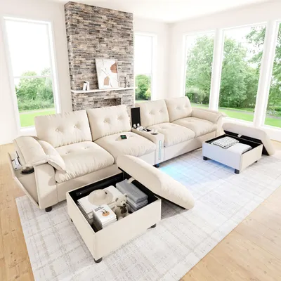 Produktbild von MODFU Ecksofa 6-Sitzer, modulares Relaxsofa in U- oder L-Form Schlafsofa mit 2 Stauraum-Hockern, Mittelkonsole mit USB & Type-C, LED-Beleuchtung, Chenille, Beige