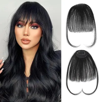 Produktbild von Clip in Pony Haare Haarverlängerungen Flat Bang mit Schläfen Echthaar Front Face Fringe Pony Haarteile Pony Extension für Frauen das Tägliche Tragen (Schwarz)
