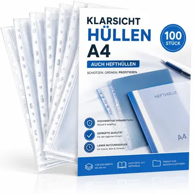 Productafbeelding van 100 propectomslagen - extra dik - A4, omslag voor boeken en brochures, transparant, DIN A4 - doorzichtige omslagen met perforatie - folieomslagen voor het archiveren