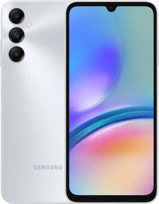 A white Samsung Galaxy A05s smartphone is shown from the back and front.