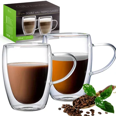 Produktbild von Vog&Arths Doppelwandige Kaffeegläser und Teegläser mit Ohr - 2x 350ML - Gläser für Latte Macchiato, Kaffee, Cappuccino oder Tee
