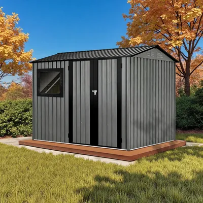 Produktbild von HOMAVO Gerätehaus Metall mit Pultdach, Gartenhaus Metall mit Fundament, 248.5 × 171.2× 193 cm, ideal für Garten, Terrasse oder Rasen