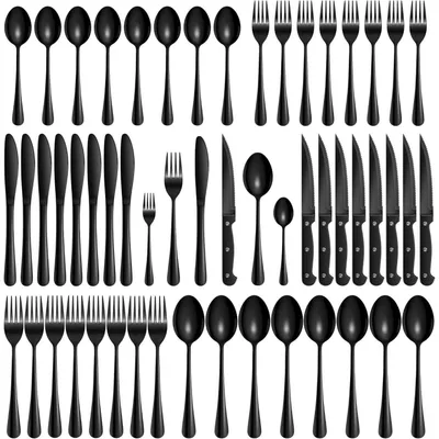 Productafbeelding van Besteekset: messen, vorken, lepels, steakmessen, zwart, 48 stuks, voor 8 personen
