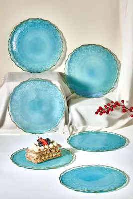 Image de Hermia Concept, Goblen - Turquoise, set d'assiettes à dessert (6 pièces), turquoise, verre, 21 x 21 cm