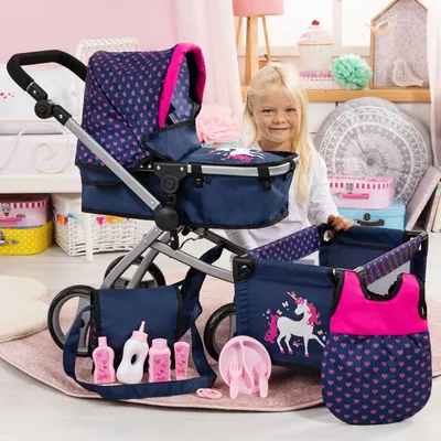 Obrázek produktu pro Bayer Design 18354AC Kombinovaný kočárek pro panenky Mega Set s cestovní postýlkou, jogger pro panenky, výškově nastavitelný, Mega Set se spoustou příslušenství, cestovní postýlka, taška přes rameno UVM, modrý s jednorožcem, 67x15x69 cm